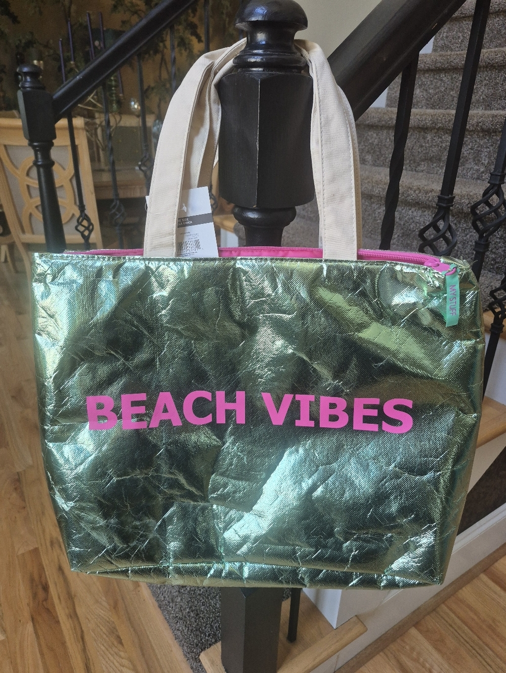 Beach Vibes Metallic Green Tote with Pink Accents